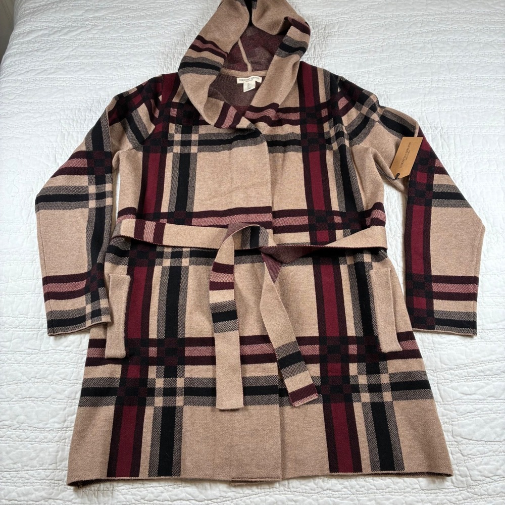 NWT Christian Siriano Hooded Cardigan L Tan Plaid Belted Knit Sweater Jacket